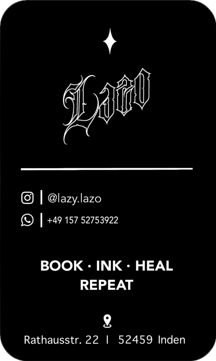 Visitenkarte Rueckseite: Instagram @lazy.lazo, Telefon +49 157 52753922, Rathausstrasse 22, 52459 Inden